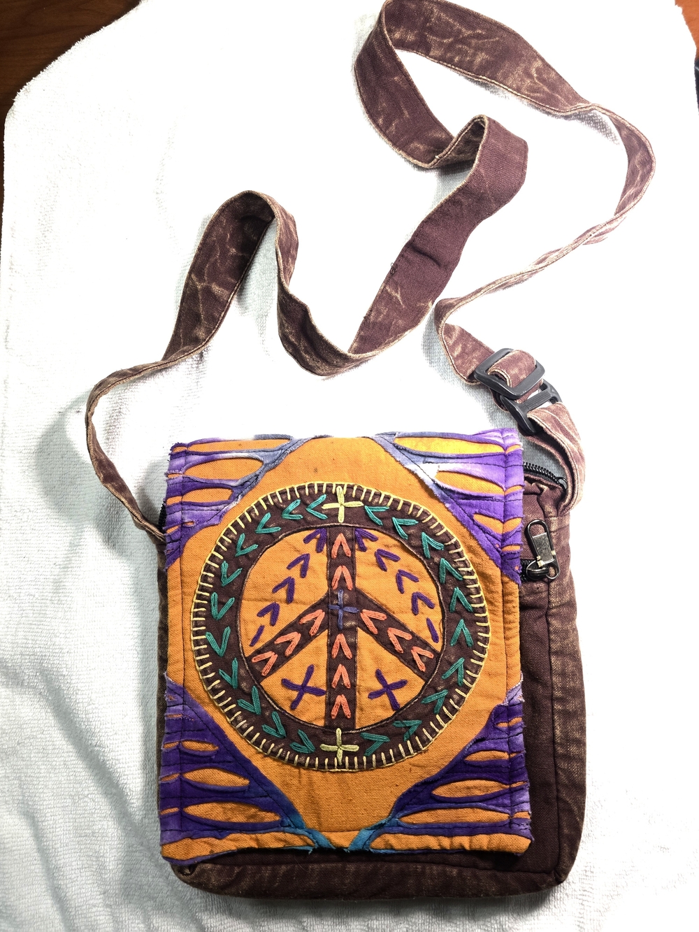 Nepal Embroidered Peace Sign Cotton Boho Crossbody Bag